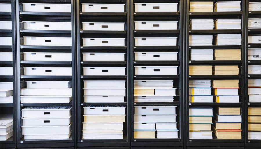 Archival quality storage materials including acid-free boxes, gloves, and proper handling techniques for historical photographs