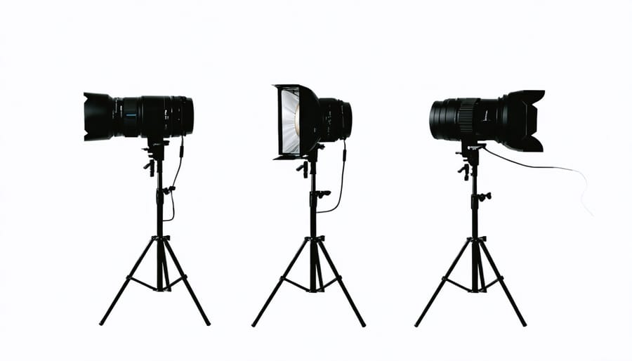Illustrated guide showing Rembrandt, loop, and butterfly lighting setups for portrait photography