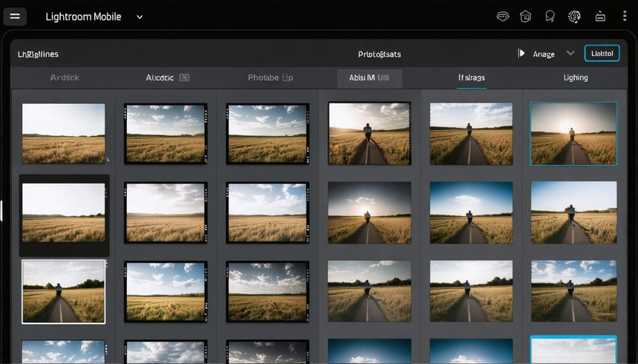 Lightroom Mobile batch editing interface with multiple photos selected for editing