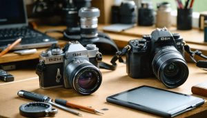 "A camera repair technician's workspace at B&H, featuring a vintage film camera and a modern mirrorless camera with precision tools, illustrating the integration of historical and modern camera technologies."