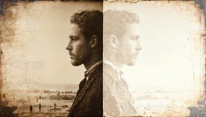 "A sepia-toned historical photograph partially restored, with one half showcasing pristine restoration while digital elements hint at modern restoration techniques."