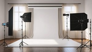 A cozy home photography studio showing a minimalist setup with basic lighting equipment, versatile backdrops, and a window for natural light, emphasizing affordability and functionality.