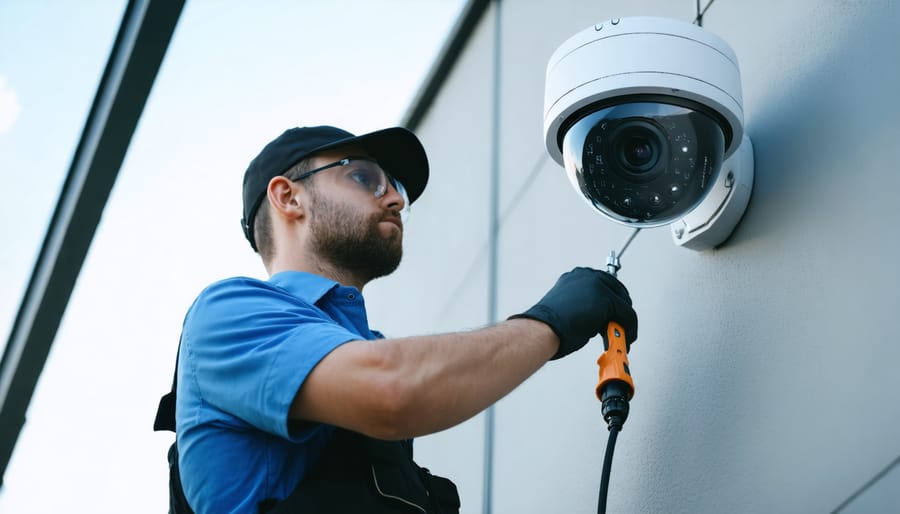 Professional cleaning a security camera lens with specialized cleaning equipment