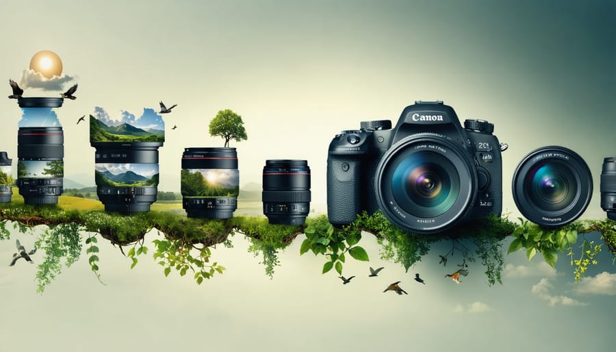 An artistic representation of a camera with multiple interchangeable lenses, each leading into a distinct photography scene representing landscapes, portraits, and wildlife, highlighting the diverse creative possibilities of different lenses.