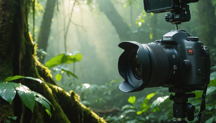 Weather-protected film camera with anti-fog accessories in tropical rainforest setting