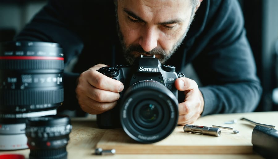 Camera repair technician at B&H working on disassembled DSLR camera with precision tools