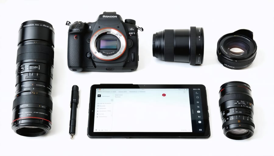 Various professional cameras and lenses displayed alongside a tablet showing a photography equipment subscription service interface