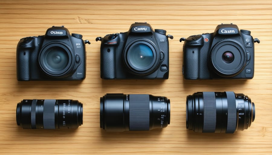 Physical size comparison of full frame, APS-C, and micro four thirds cameras with equivalent lenses