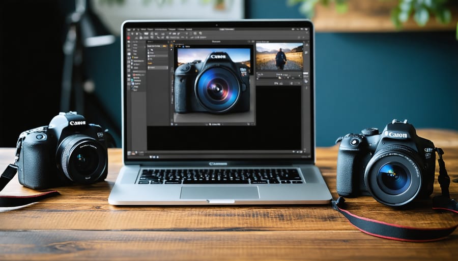 Professional photography setup with Canon camera tethered to computer running EOS Utility software