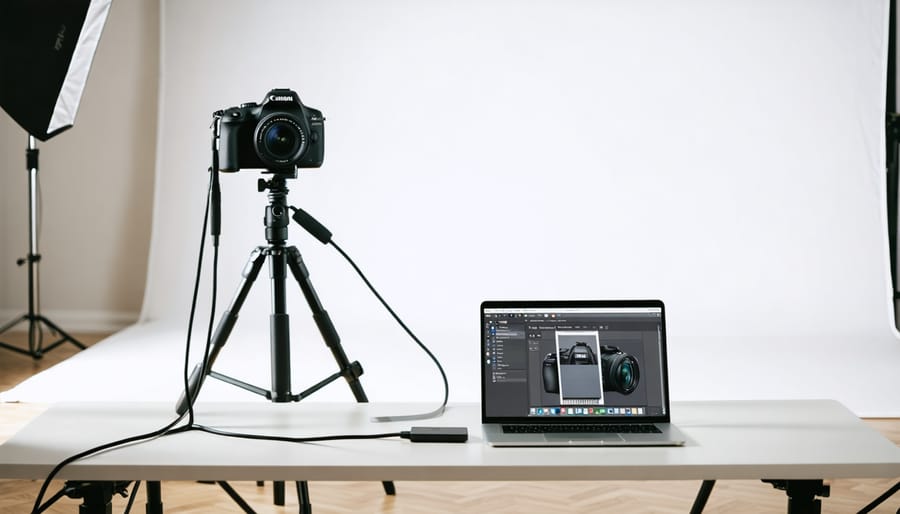 A Canon DSLR camera connected to a laptop displaying the EOS Utility interface, depicting a professional tethered shooting setup in a photography studio.