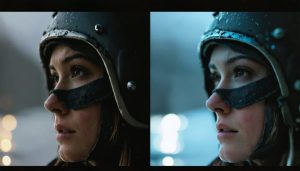 A split-screen comparison displaying raw footage alongside color-graded cinematic imagery, demonstrating the impact of professional color grading techniques in enhancing emotional and visual storytelling.