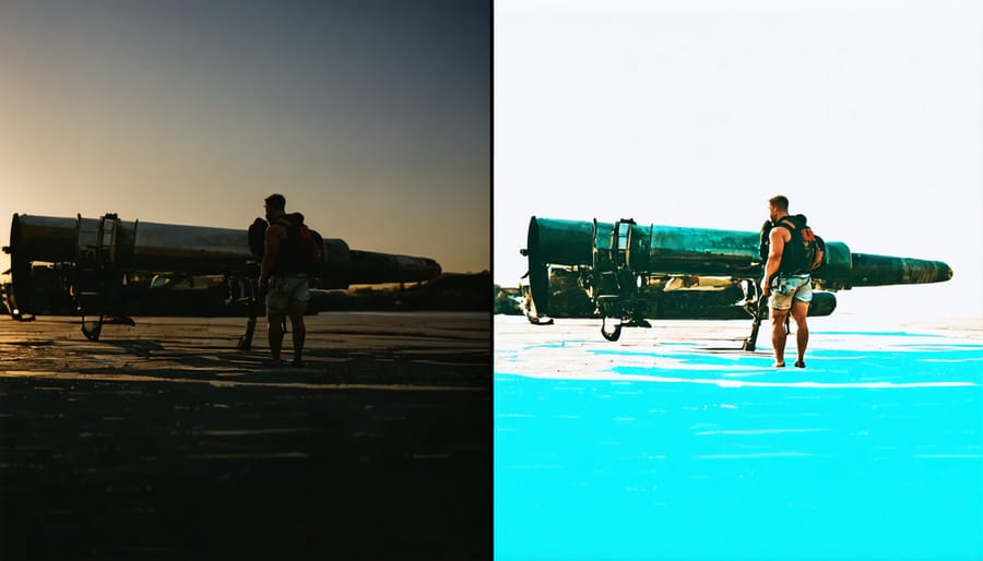 Before and after comparison of color grading effects on cinematic footage