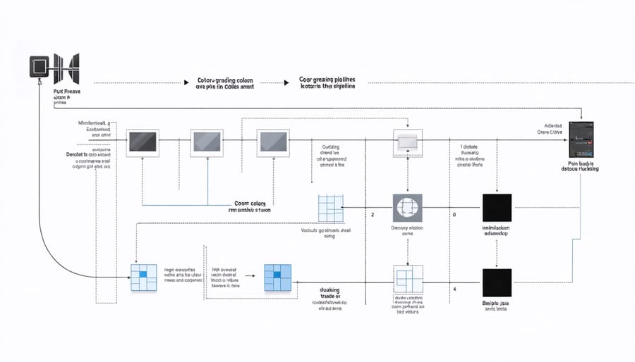Step-by-step color grading workflow diagram with technical processes