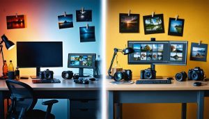 A split scene showcasing the contrast between digital and film photography: a digital editing workspace with a DSLR camera compared to a traditional film darkroom with a vintage camera and photographic chemicals.