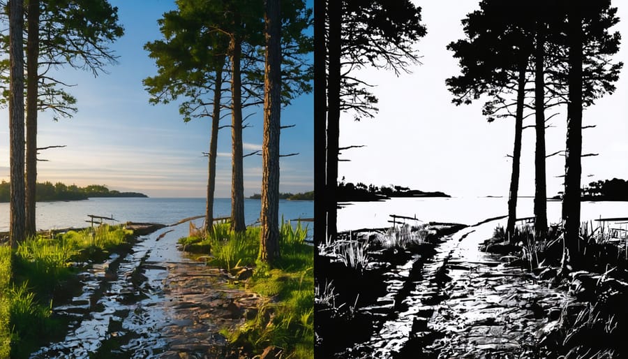 Split image showing a sunset landscape with dark foreground - left side shows loss of detail, right side shows full range of tones