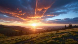 Sunset landscape photo showcasing dramatic contrasts with vibrant, detailed clouds and richly textured dark foreground, illustrating dynamic range.