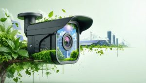 A high-speed camera with a transparent section showing eco-friendly technology inside, set against a backdrop of greenery and a high-tech manufacturing facility.