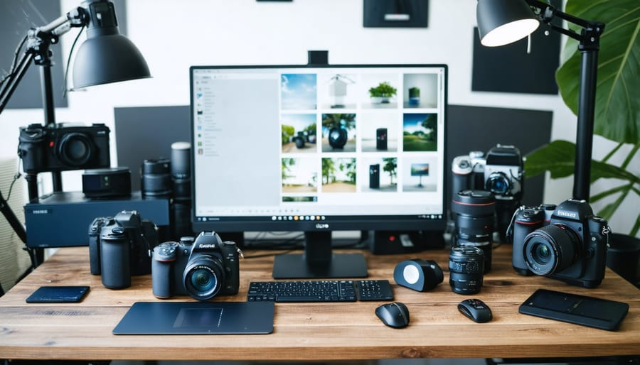 Modern eco-friendly photography workstation featuring solar panels and sustainable storage systems
