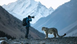 A wildlife photographer using a telephoto lens to capture a snow leopard in the Himalayas during dawn, maintaining a respectful distance to observe ethical standards in wildlife photography.