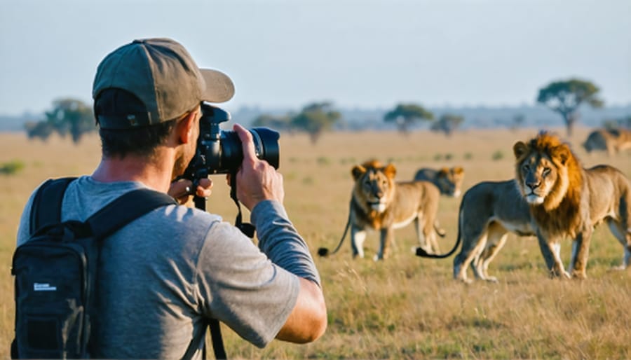 Professional photographer using long-range equipment to photograph lions from a respectful distance