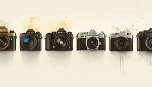 A timeline chart depicting the evolution of camera lenses, featuring the Daguerreotype lens, Petzval design, classic Leica and Zeiss lenses, and modern digital lenses.