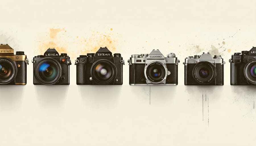 A timeline chart depicting the evolution of camera lenses, featuring the Daguerreotype lens, Petzval design, classic Leica and Zeiss lenses, and modern digital lenses.