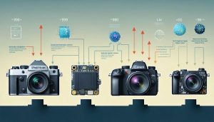 An illustration displaying the evolution of camera modules from bulky 1990s digital cameras to today's miniature, high-tech modules, highlighting key technological advancements.