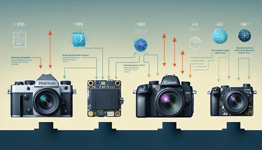 An illustration displaying the evolution of camera modules from bulky 1990s digital cameras to today's miniature, high-tech modules, highlighting key technological advancements.
