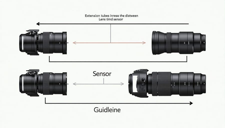 Technical illustration showing lens-to-sensor distance with and without extension tubes