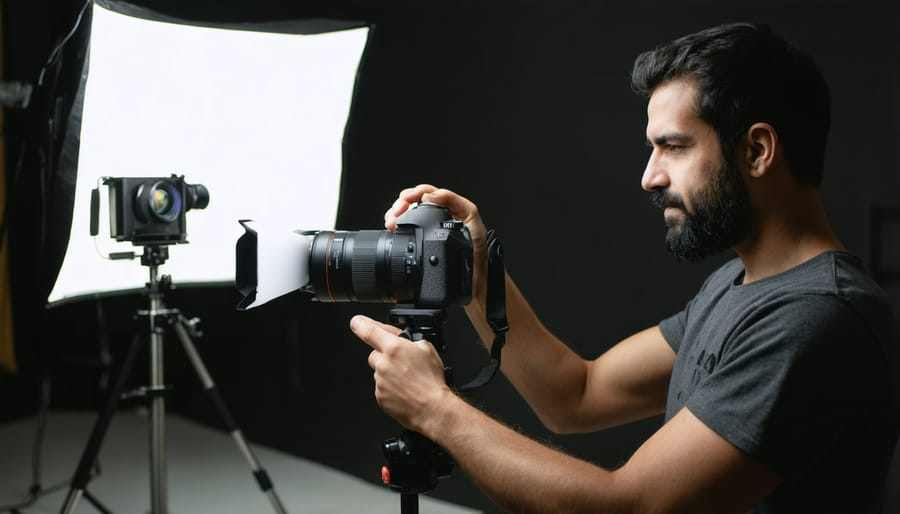 Photographer using extension tubes with tripod and lighting setup for macro photography