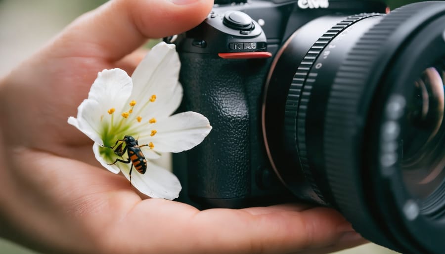 Close-up image of a camera with an extension tube capturing a detailed macro shot of a small flower, illustrating the power and versatility of extension tubes in macro photography.