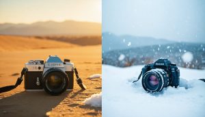 A split-image showing a vintage film camera placed between a snow-covered landscape and a scorching desert, illustrating the challenges of film photography in extreme temperature and lighting conditions.