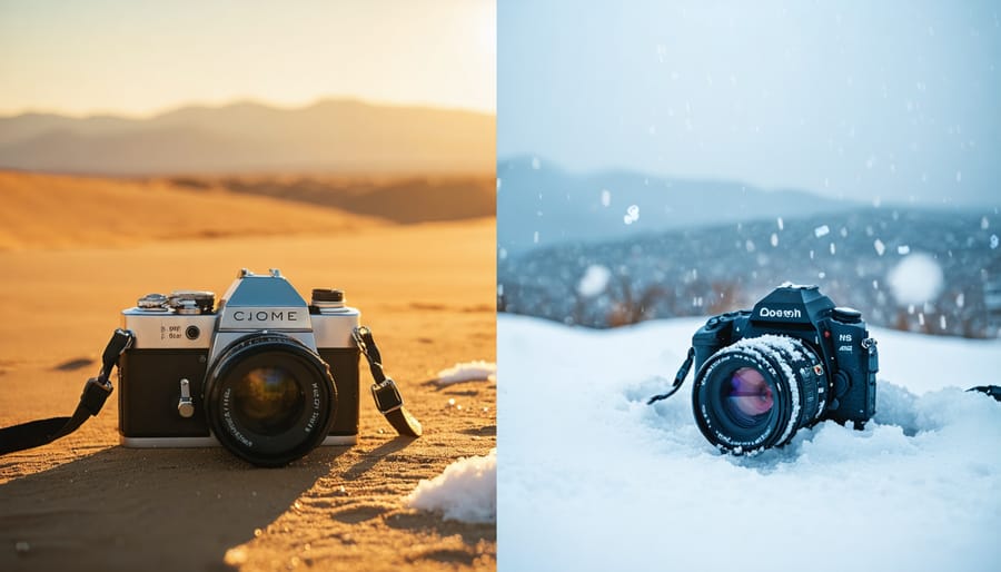 A split-image showing a vintage film camera placed between a snow-covered landscape and a scorching desert, illustrating the challenges of film photography in extreme temperature and lighting conditions.