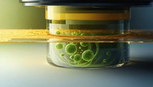 Conceptual illustration depicting how light paths converge through different media in oil-immersion microscopy to achieve high-resolution imaging via optimal focal length.