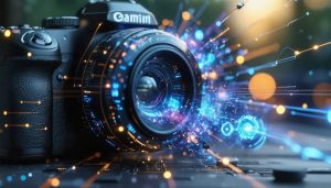 A futuristic camera lens surrounded by digital and optical elements symbolizing modern advancements in lens technology, including light beams and nano-crystal coatings.