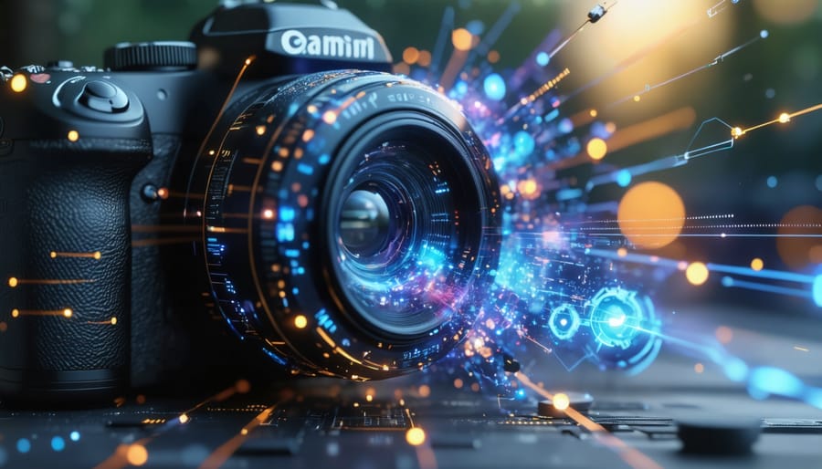 A futuristic camera lens surrounded by digital and optical elements symbolizing modern advancements in lens technology, including light beams and nano-crystal coatings.