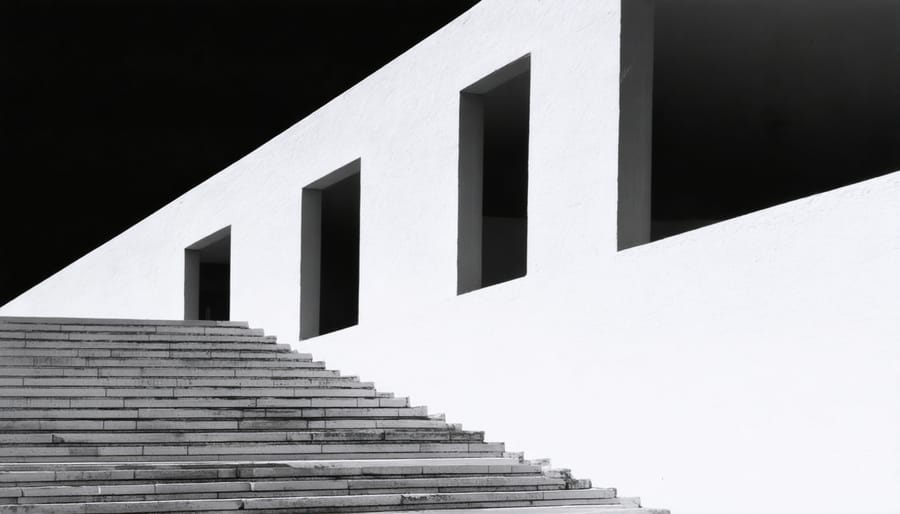 Abstract architectural composition emphasizing strong diagonal lines and geometric patterns
