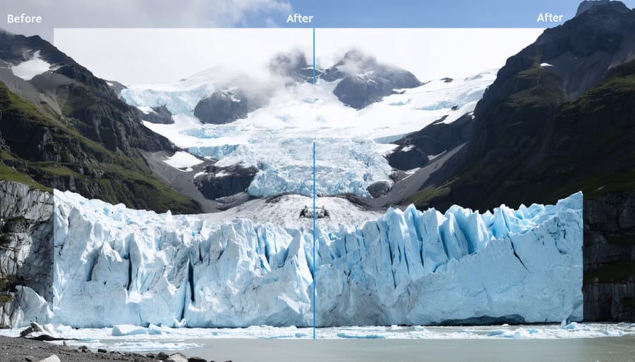 Split-screen comparison showing dramatic glacial retreat: left side from 2003, right side from 2023