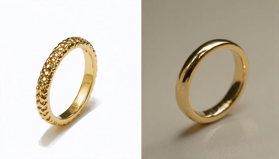 Comparison showing same gold ring photographed with harsh direct light versus diffused lighting