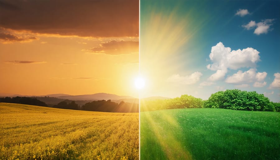 Side-by-side comparison of the same landscape scene photographed during golden hour and midday