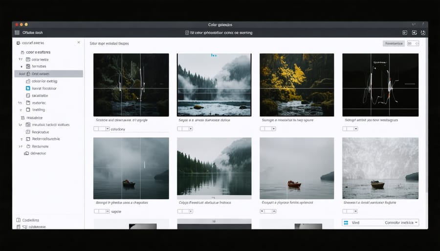 Professional color grading software interface with waveform monitors and color wheels