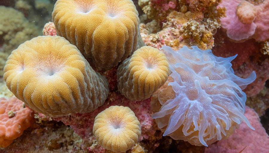 Colorful coral reef ecosystem with tropical fish and sea turtles swimming among coral formations