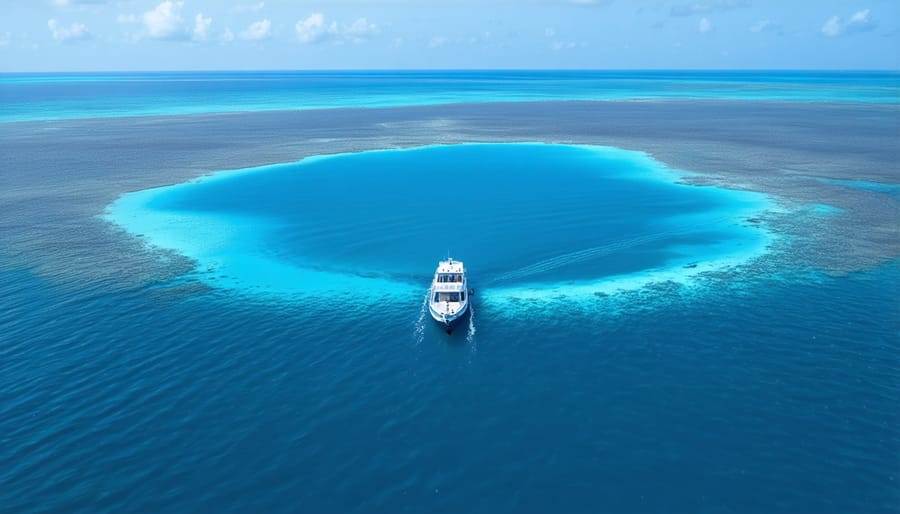 Dark blue circular sinkhole in turquoise waters with small boat nearby showing scale