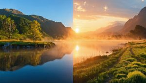Side-by-side comparison of a landscape photo showing the transformation from a standard image to a vibrant HDR-enhanced version using photography software.