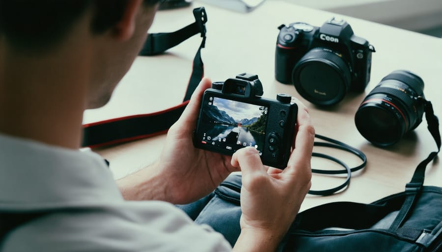 Person using smartphone to submit insurance claim for damaged photography equipment