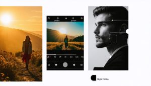A modern iPhone capturing a vibrant landscape and a black-and-white portrait, symbolizing the transformation of photos using advanced camera settings such as ProRAW and Night Mode.