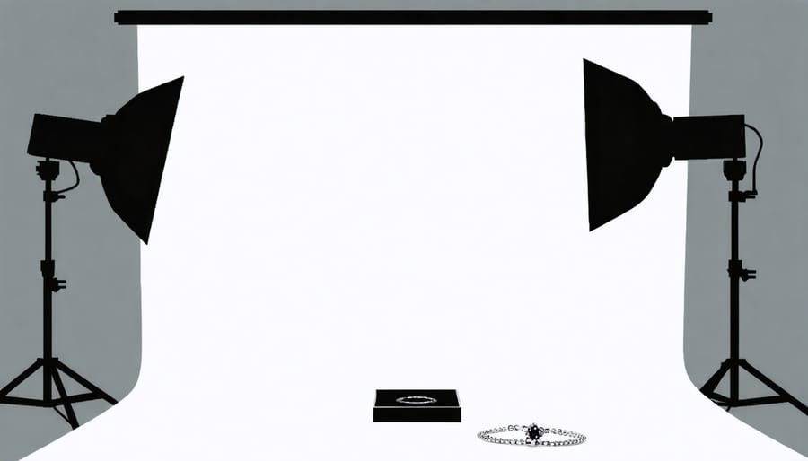 Overhead diagram of professional jewelry photography lighting setup with labeled equipment positions
