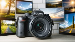 A conceptual image showing a camera with a kit lens, surrounded by various photography scenes symbolizing its versatility from landscapes and portraits to street photography.