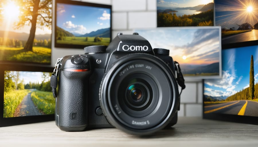 A conceptual image showing a camera with a kit lens, surrounded by various photography scenes symbolizing its versatility from landscapes and portraits to street photography.