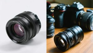 Split image depicting a mechanical lens adapter alongside an electronic lens adapter with visible electronic contacts, showcasing the contrast in design and functionality.